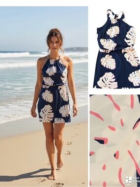 Tori Richard resort Navy Tropical Halter Beach Dress